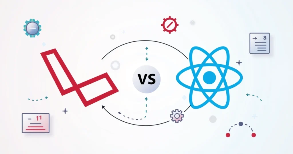 Ilustração corporativa flat mostrando integração entre Laravel e React com ícones de código e conexão