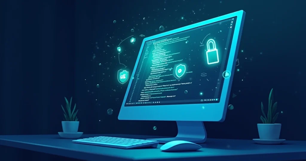 Tela de computador exibindo código PHP com símbolos de segurança digital brilhando