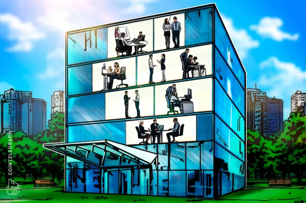 Oficinas modernas con profesionales colaborando en áreas de tecnología y finanzas.